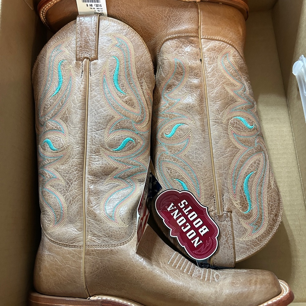 Nocona Tan and Blue Heeled Boots with Intricate Stitching brand new